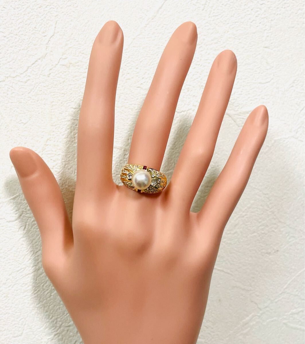☆K18 パール8.2mm&ダイヤ&ルビー付きリング 12號☆