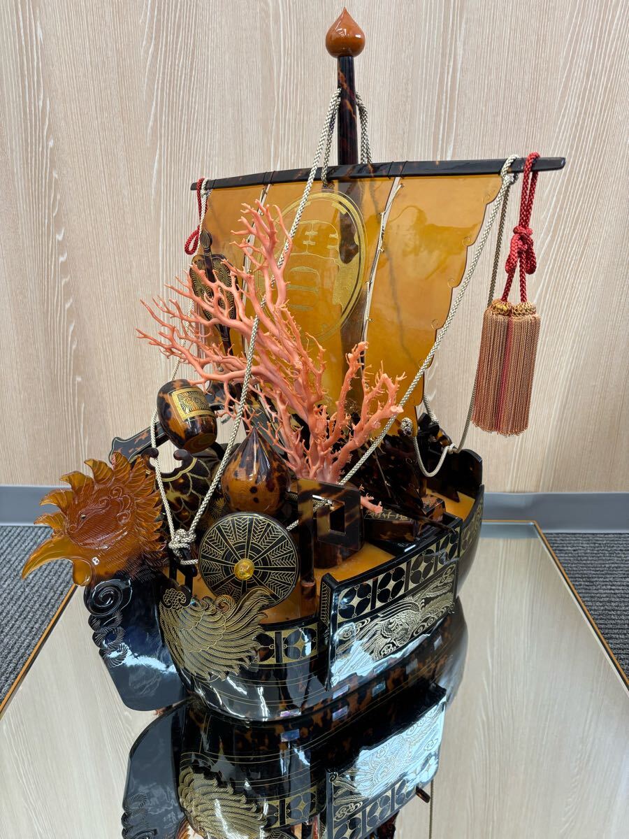 1円〜 特大 本鼈甲細工 珊瑚細工 鳳凰 宝船 置物 縁起物 千両箱 1円〜 特大 本鼈甲細工 珊瑚細工 鳳凰 宝船 置物 縁起物 千両箱
