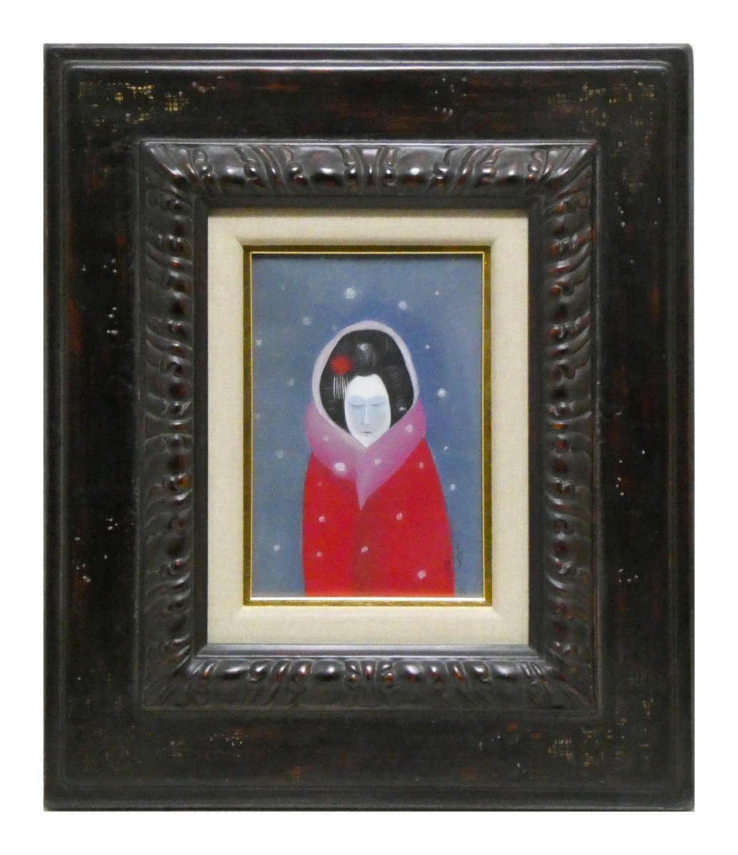 祥【真作】斎藤真一「赤い角巻」油彩1号 瞽女を描く超人気画家