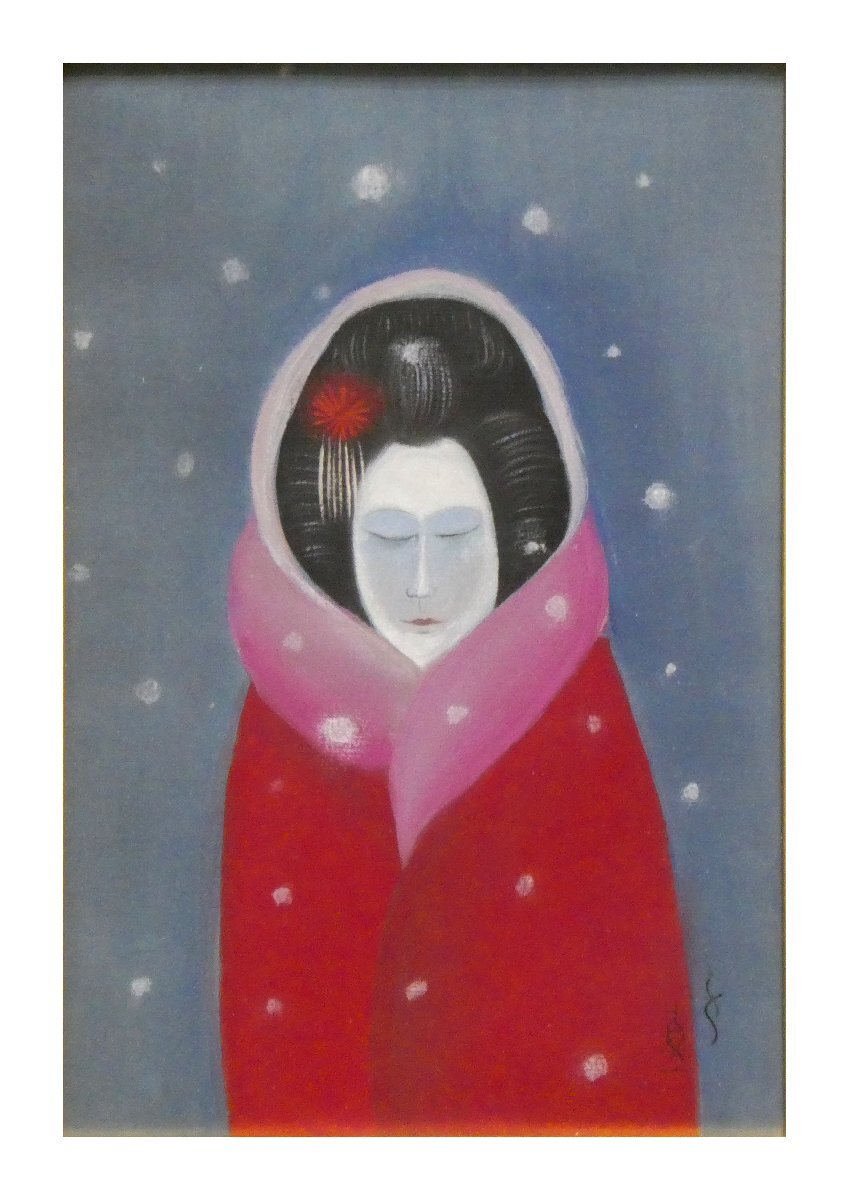 祥【真作】斎藤真一「赤い角巻」油彩1号 瞽女を描く超人気画家 祥【真作】斎藤真一「赤い角巻」油彩1号 瞽女を描く超人気画家