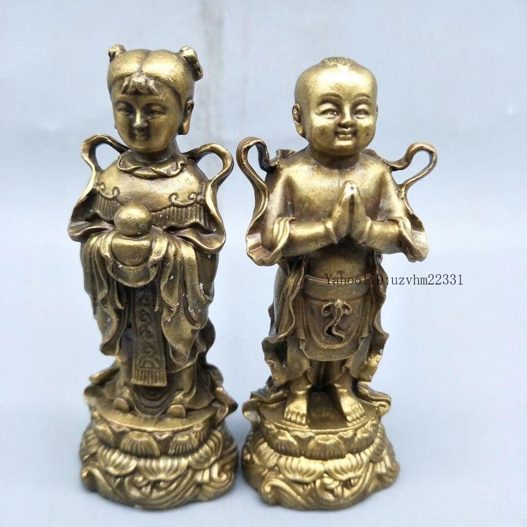 銅器 善財 童子 龍女 仏像一対 工芸品 美術品 置物