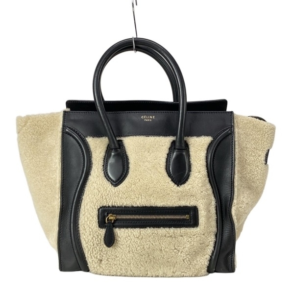セリーヌ CELINE ハンドバッグ ラゲージミニショッパー レザー、ムートン アイボリー×黒 バッグ
