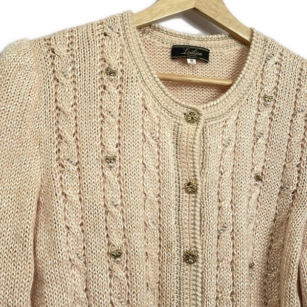 レリアン Leilian カーディガン サイズ9 M - ライトピンク レディース 長袖/パール/ラメ/リボン 美品 トップス_画像7