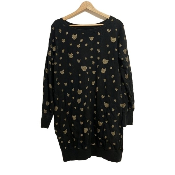 ツモリチサト TSUMORI CHISATO サイズ2 M - 黒×ゴールド レディース 長(zhǎng)袖/ひざ丈/cat's/ラメ/ネコ ワンピース