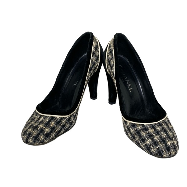 シャネル CHANEL パンプス 37 1/2C - 黒×グレー×白 レディース 靴