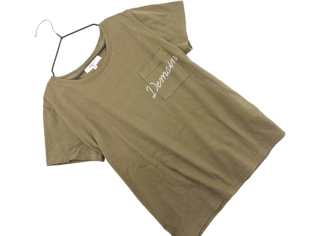 NATURAL BEAUTY BASIC ナチュラルビューティーベーシック ラインストーン Tシャツ sizeM/カーキ ■◆ ☆ fdc1 レディース