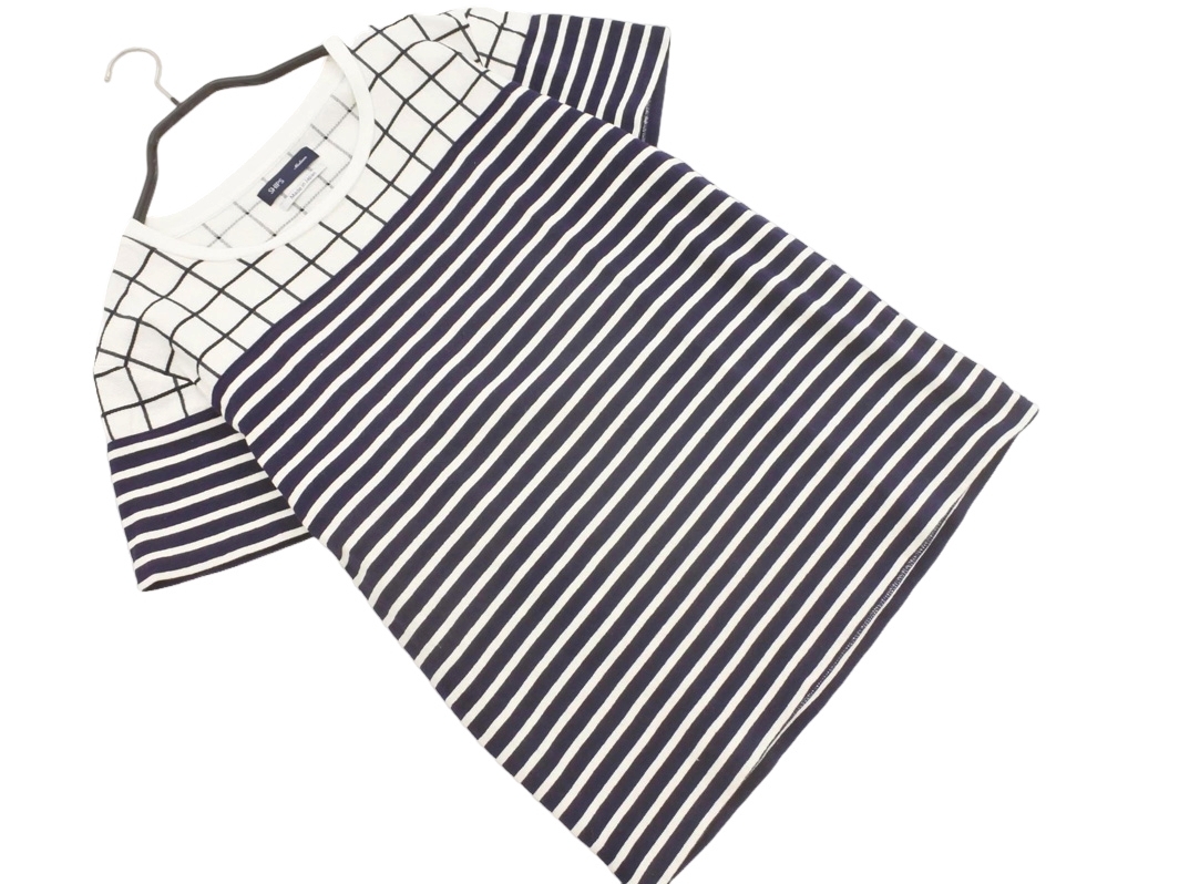 SHIPS シップス チェック ボーダー 切替 Tシャツ sizeM/白ｘ紺 ■◆ ☆ fdd0 メンズ