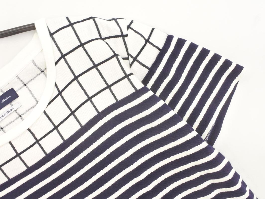 SHIPS シップス チェック ボーダー 切替 Tシャツ sizeM/白ｘ紺 ■◆ ☆ fdd0 メンズ