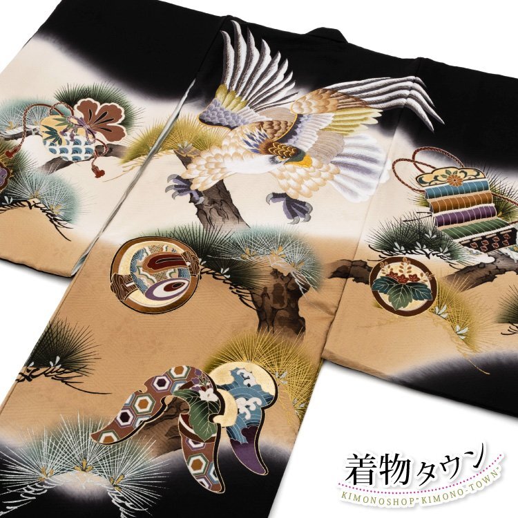☆著物タウン☆お宮參り 著物 男の子 のしめ 産著 掛け著 初著 鷹 刺繍 松 高級 黒 ブラック 一つ身 正絹 新品 未使用 noshime-00067