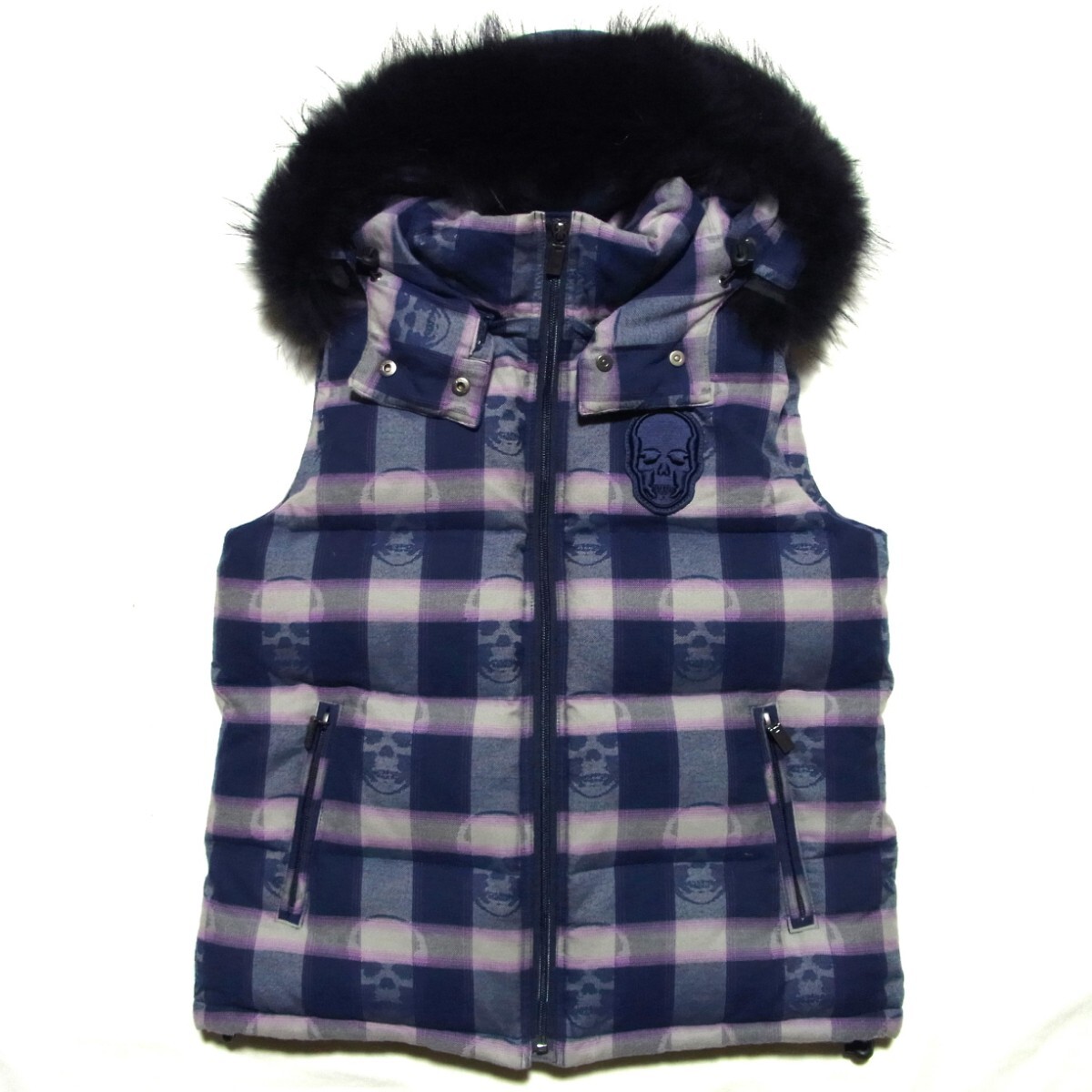 定価28万 lucien pellat-finet ルシアンペラフィネ カシミヤ混 スカル チェック ジャガード ファー ダウンベスト S