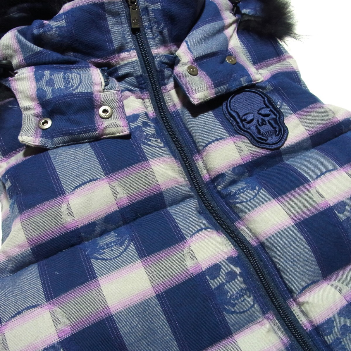 定価28万 lucien pellat-finet ルシアンペラフィネ カシミヤ混 スカル チェック ジャガード ファー ダウンベスト S