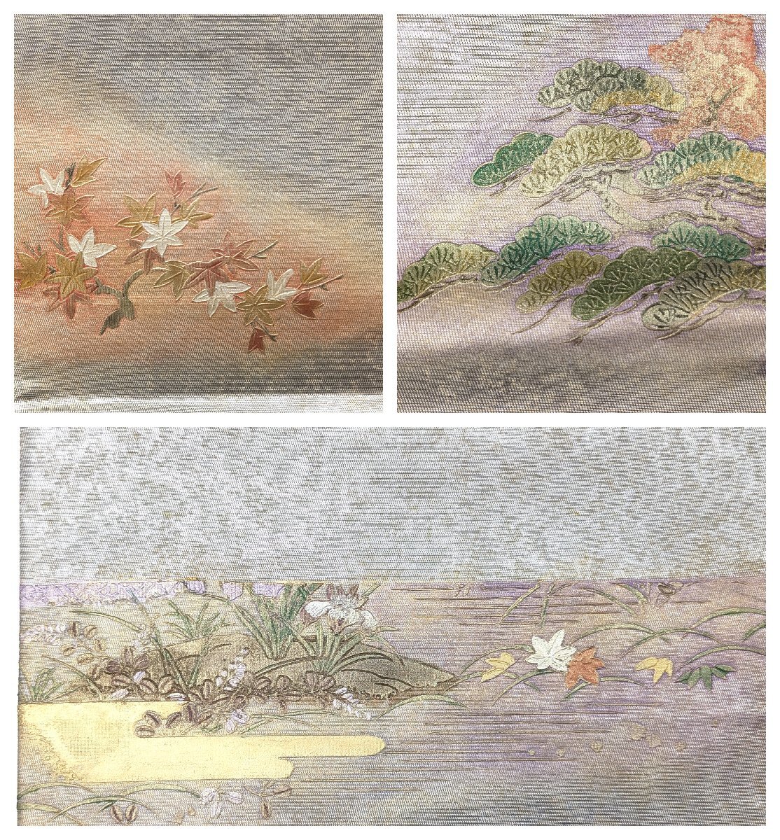 ☆80】【1円スタート】【袋帯 西陣織】中古 松 梅 菊 桜 菖蒲 ☆80】【1円スタート】【袋帯 西陣織】中古 松 梅 菊 桜 菖蒲