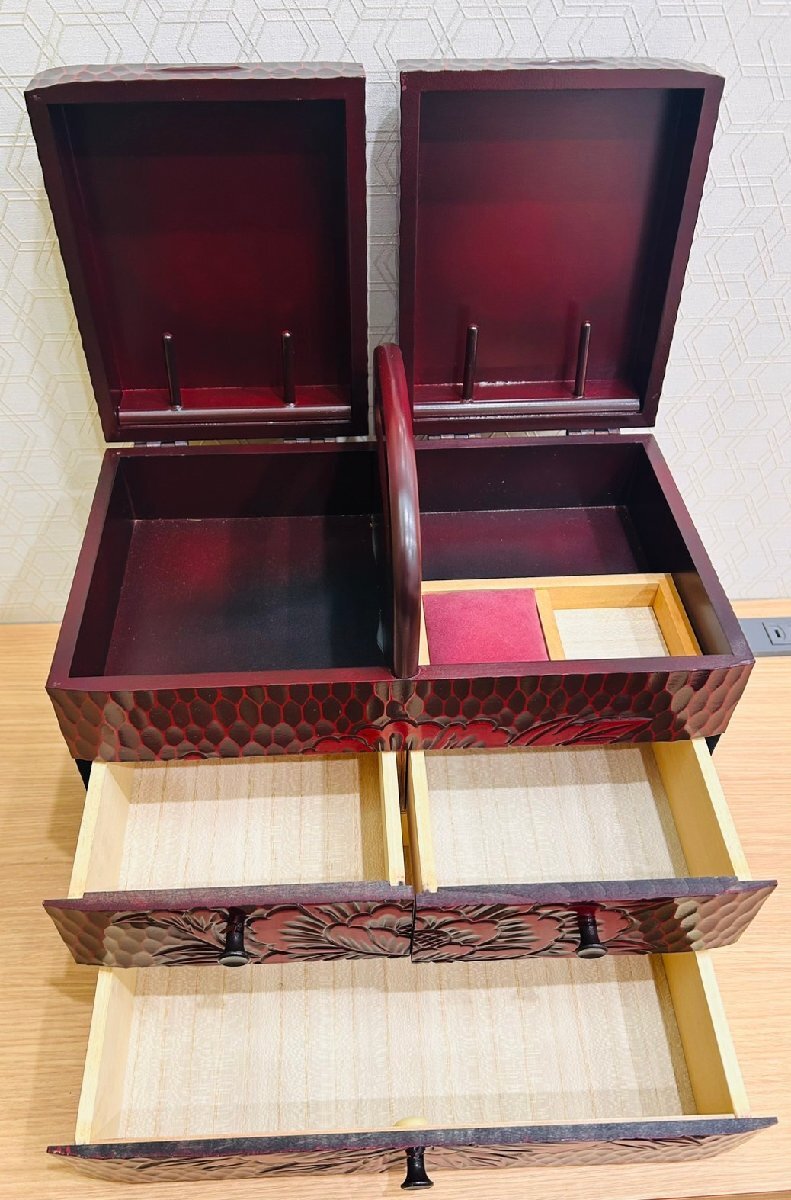 H4743】【1円~】鎌倉彫 五つ引 牡丹 二個セット 小箪笥 小物 H4743】【1円~】鎌倉彫 五つ引 牡丹 二個セット 小箪笥 小物