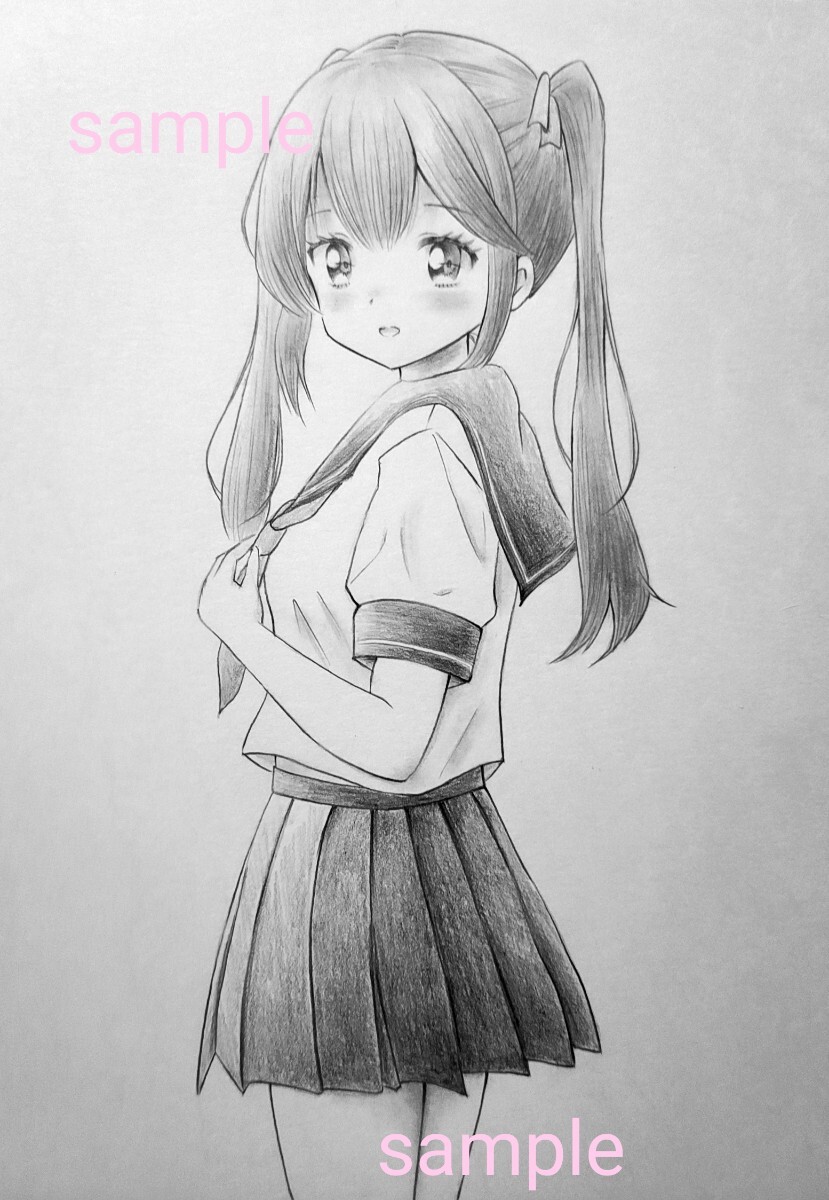 手描きイラスト オリジナル 鉛筆画 モノクロ セーラー服(手描き 手描きイラスト オリジナル 鉛筆画 モノクロ セーラー服(手描き