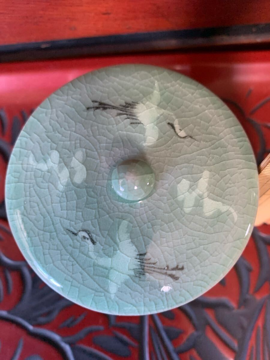 韓国陶窯、茶器5客揃い、高麗磁器、鶴絵、東谷金正黙、湯呑み 韓国陶窯、茶器5客揃い、高麗磁器、鶴絵、東谷金正黙、湯呑み