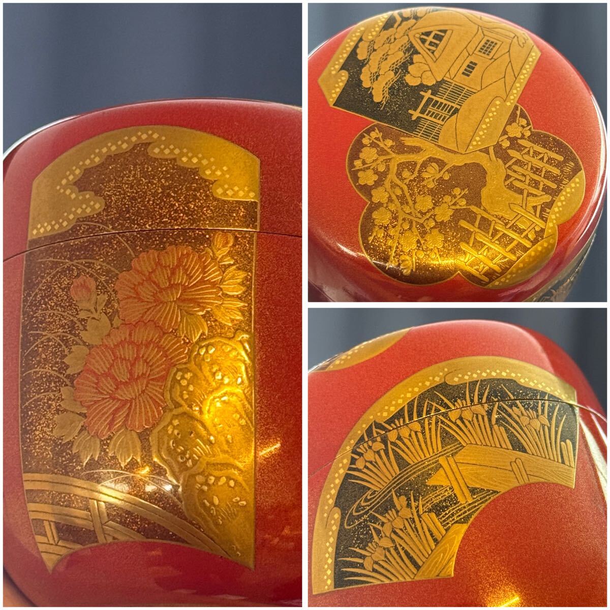 前端春斎 四季蒔絵 朱大棗 内梨子地『鵬雲斎書付』 共箱 茶道具 保証品 前端春斎 四季蒔絵 朱大棗 内梨子地『鵬雲斎書付』 共箱 茶道具