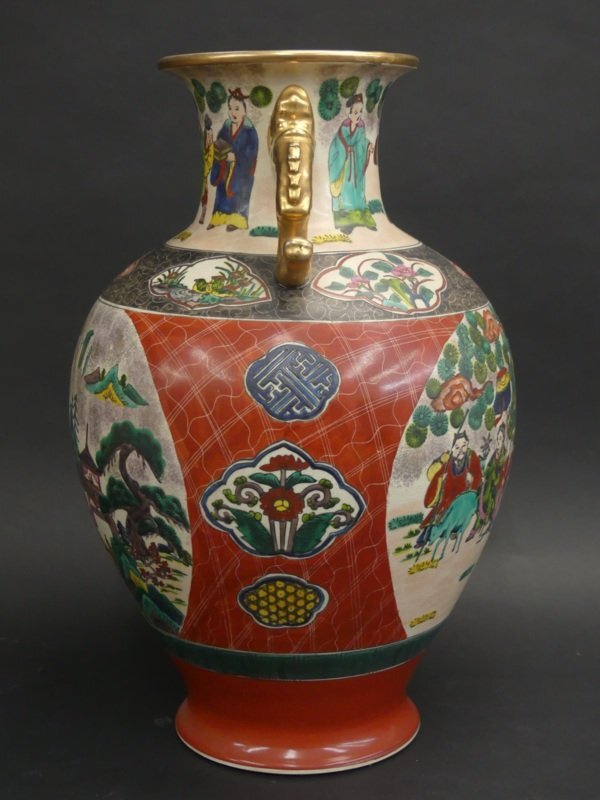 n103 九谷焼 赤絵 色絵金襴手 飾り壷 花瓶 床飾り 龍耳 山水楼閣 n103 九谷焼 赤絵 色絵金襴手 飾り壷 花瓶 床飾り 龍耳 山水楼閣