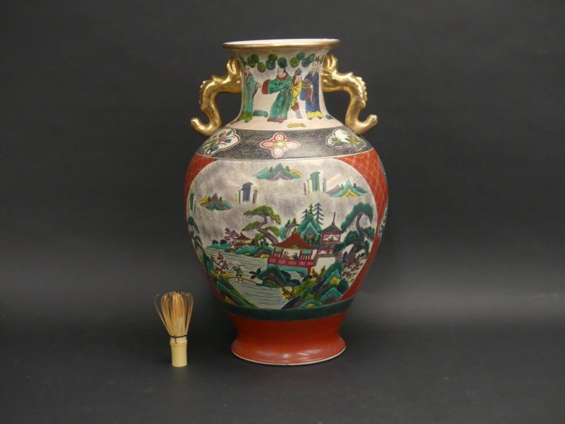 n103 九谷焼 赤絵 色絵金襴手 飾り壷 花瓶 床飾り 龍耳 山水楼閣 n103 九谷焼 赤絵 色絵金襴手 飾り壷 花瓶 床飾り 龍耳 山水楼閣