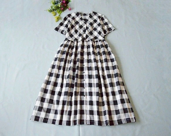 【M】シンプルな黒白チェック半袖ワンピース?