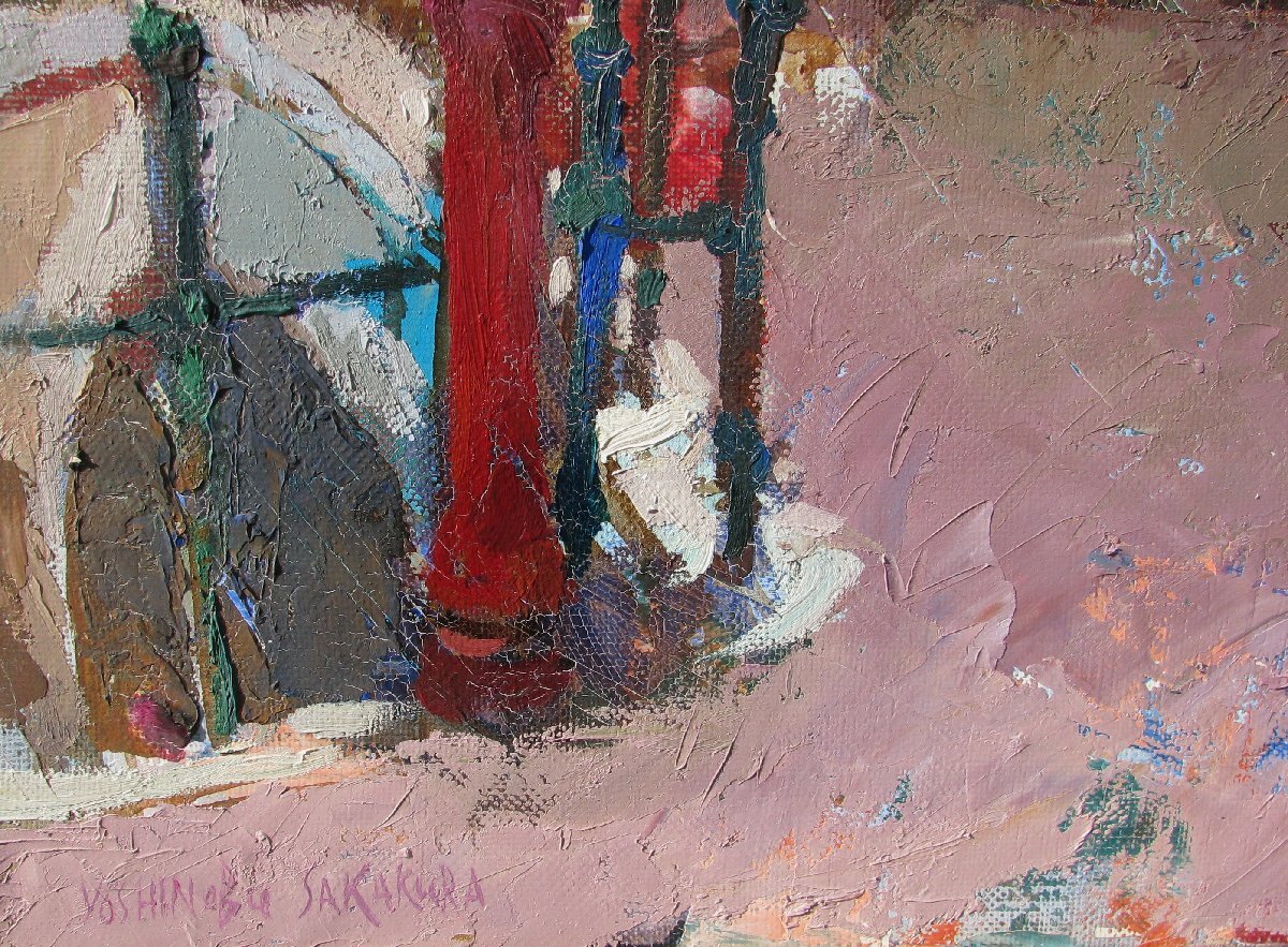 阪倉宜暢「運河の橋のたもと（オランダ・アムステルダム）」15号油彩,古い街並み 阪倉宜暢「運河の橋のたもと（オランダ・アムステルダム）」15号