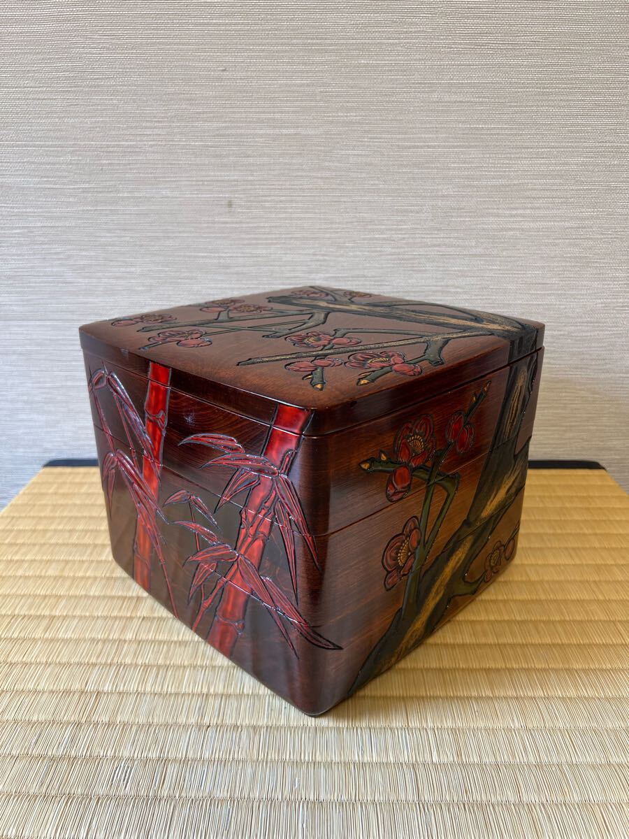 烏城彫 木製漆器 三段重】伝統工芸 烏城彫三段重箱 松竹梅画木彫 烏城彫 木製漆器 三段重】伝統工芸 烏城彫三段重箱 松竹梅画木彫