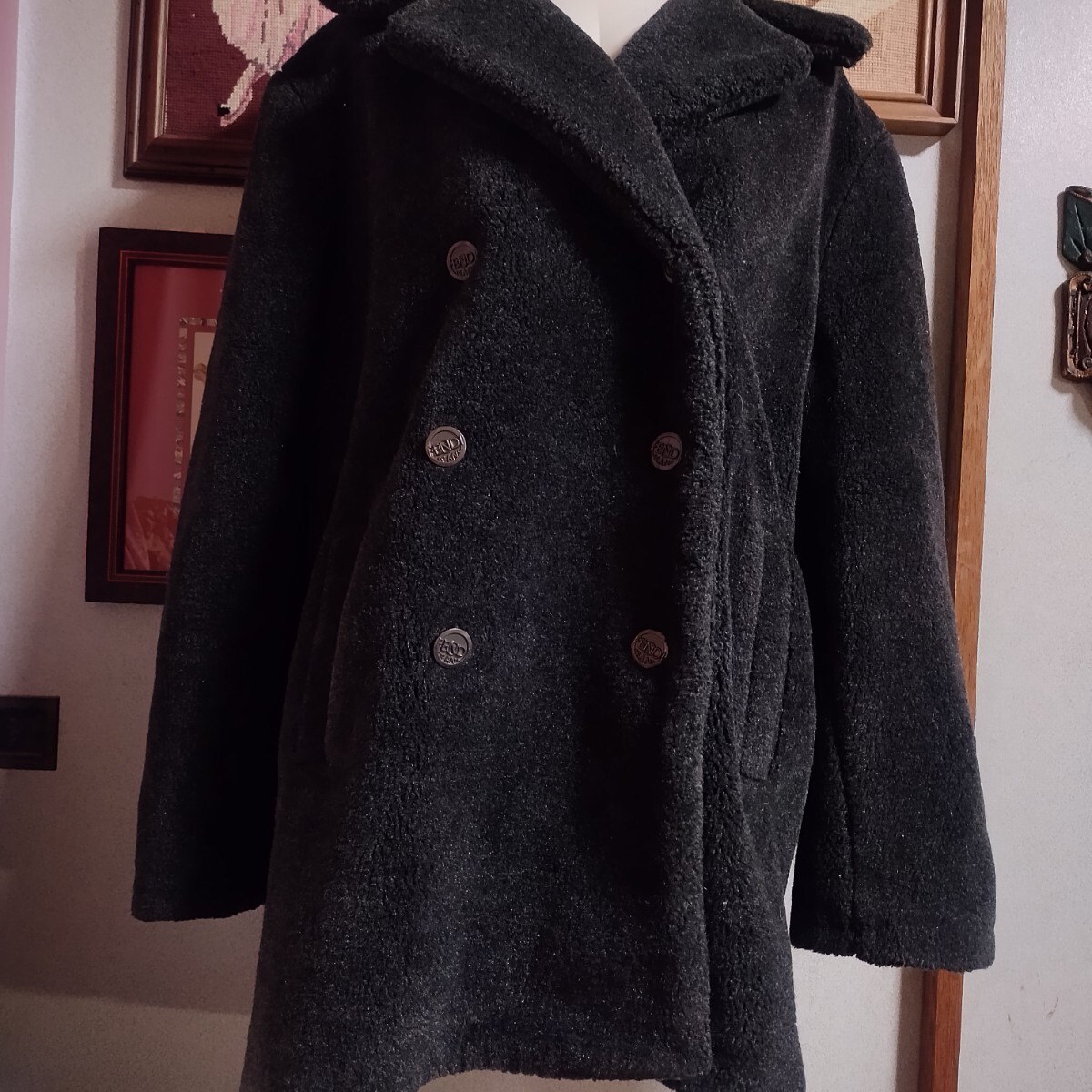 美品★フェンデ?！铳堀ⅰ铳冤`コート★FENDI★ファー★ダブルブレスト★ブラック★黒★大きいサイズ★44★希少★Pコート★チェスターコート