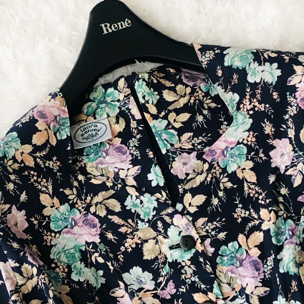 LAURA ASHLEY ローラアシュレイ シャツワンピース ロング マキシ フレア Aライン 花柄 総柄 ギャザーネイビー 紺 グリーン 緑 ピンク M