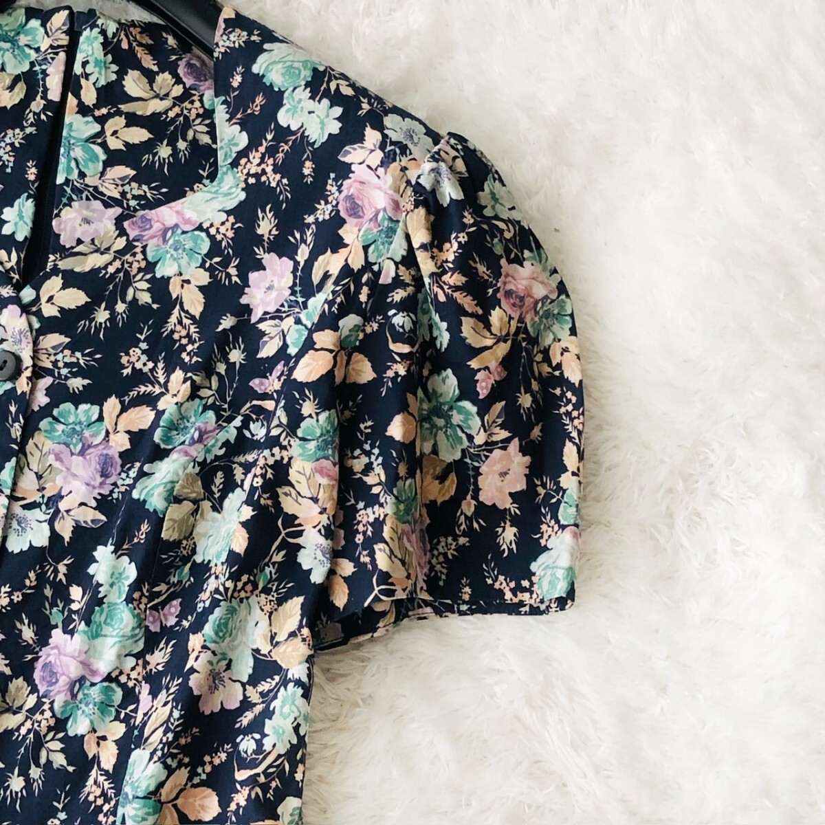 LAURA ASHLEY ローラアシュレイ シャツワンピース ロング マキシ フレア Aライン 花柄 総柄 ギャザーネイビー 紺 グリーン 緑 ピンク M