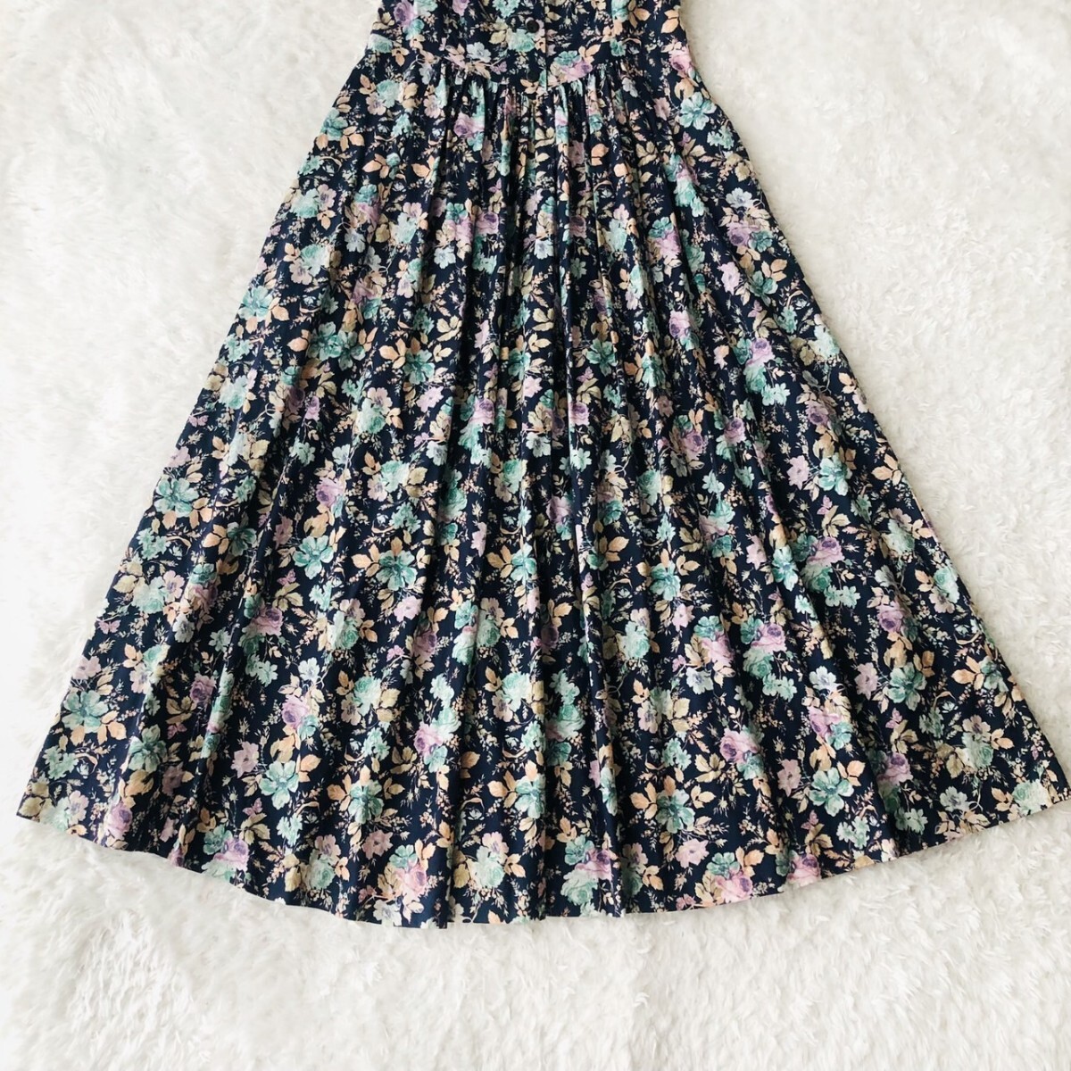 LAURA ASHLEY ローラアシュレイ シャツワンピース ロング マキシ フレア Aライン 花柄 総柄 ギャザーネイビー 紺 グリーン 緑 ピンク M