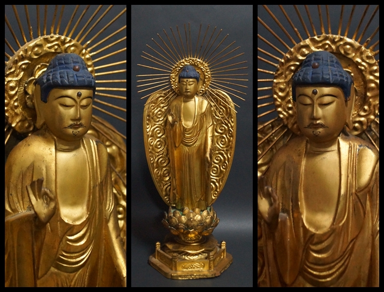 寂】時代木製金箔塗 細工彫『阿弥陀如来立像』台座 仏像 高25.2 寂】時代木製金箔塗 細工彫『阿弥陀如来立像』台座 仏像 高25.2