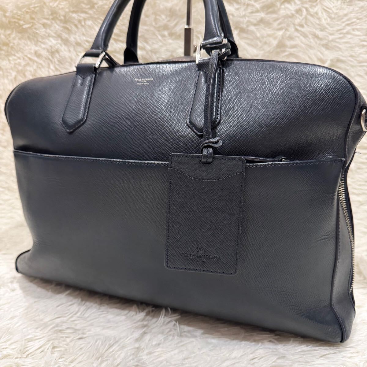 【美品】ペッレモルビダ PELLE MORBIDA レザー メンズ ビジネスバッグ ブリーフケース トートバッグ ネイビー 紺 A4 大容量 通勤 