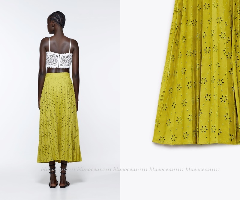 新品 11,990円 豪華レース【ZARAザラ】ピスタチオグリーン エンブロイダリー プリーツロングスカート XS（S）Tシャツ ブラウス ニット 