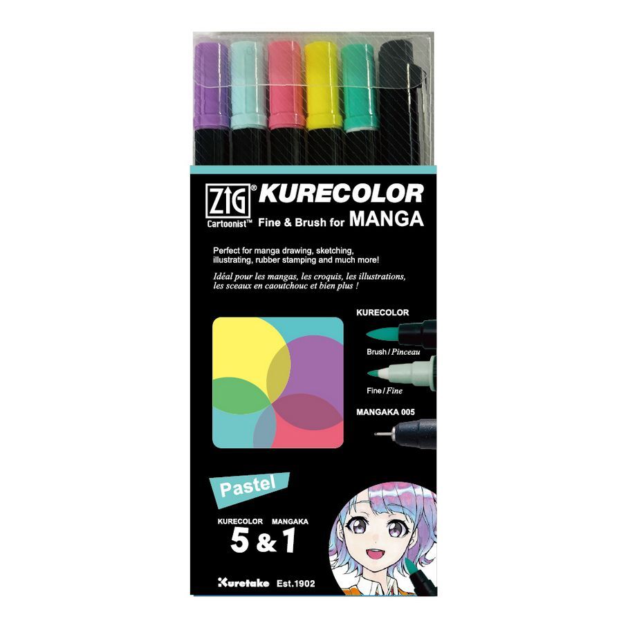 （まとめ買い）呉竹 ZIGクレカラー ファイン&ブラッシュ パステルセット 5色+線描きペンCNKC-2200N/6VPA〔×3〕