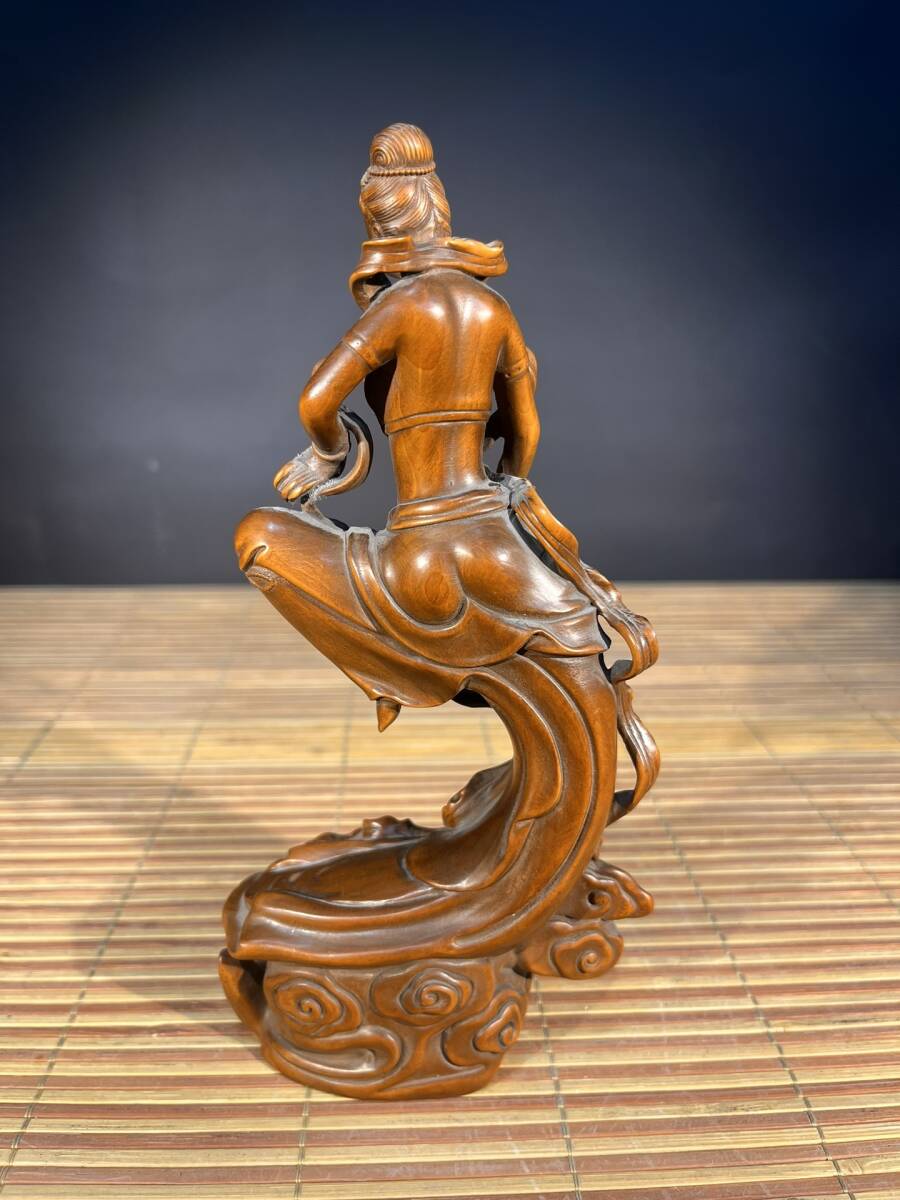 蔵友館蔵品 古黄楊木彫 敦煌飛天美女像 仕女像 文案置物