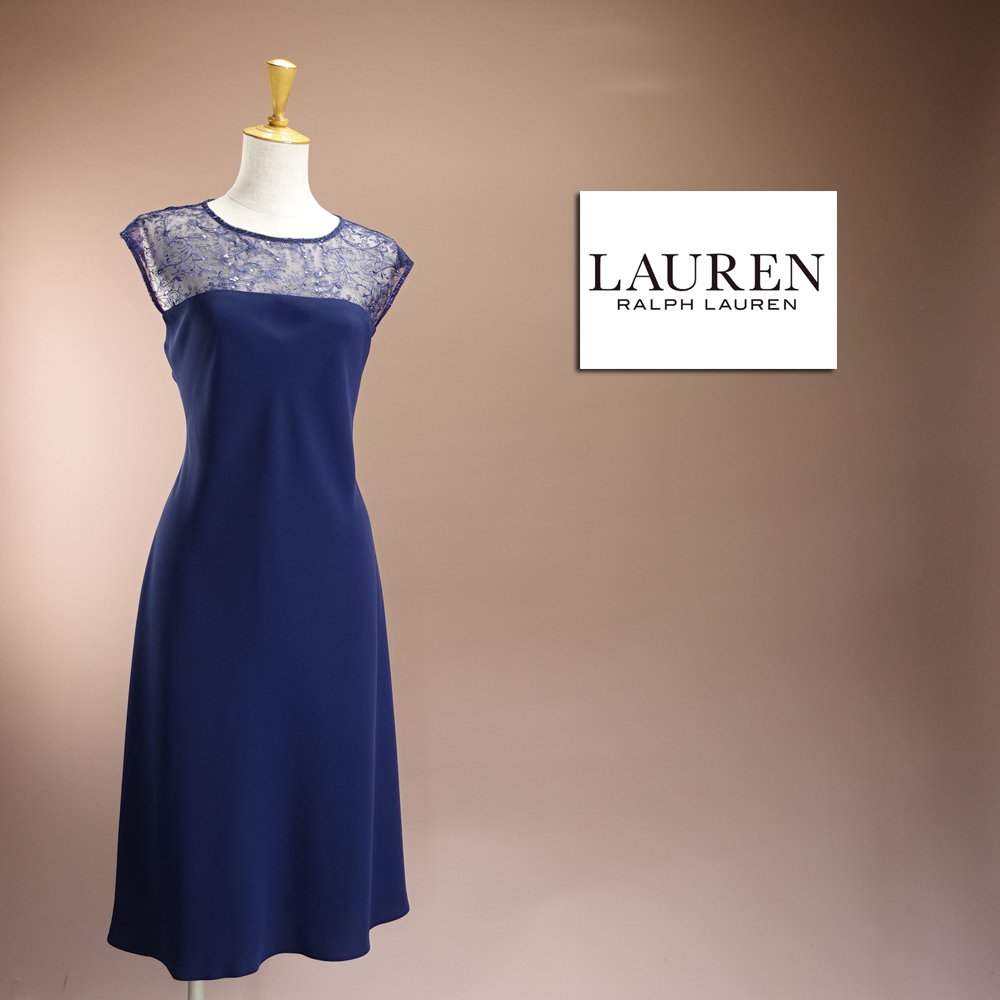 送料無(wú)料 新品LAURENラルフローレン 11號(hào) 紺 刺繍レース フレア ワンピース パーティドレス 華45W2103