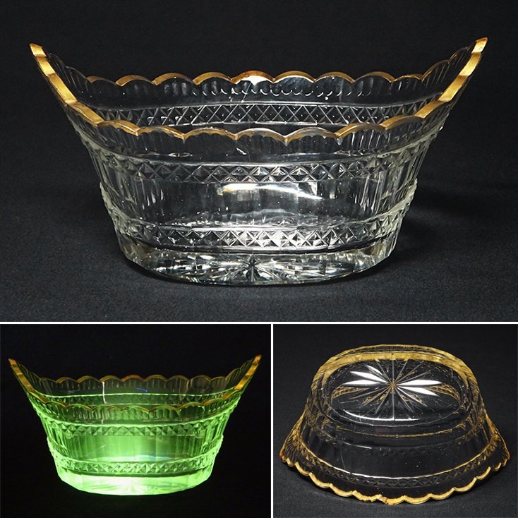 花◇19世紀 フランス古作 舶来ガラス器 金彩縁カットガラス 舟形 花◇19世紀 フランス古作 舶来ガラス器 金彩縁カットガラス 舟形