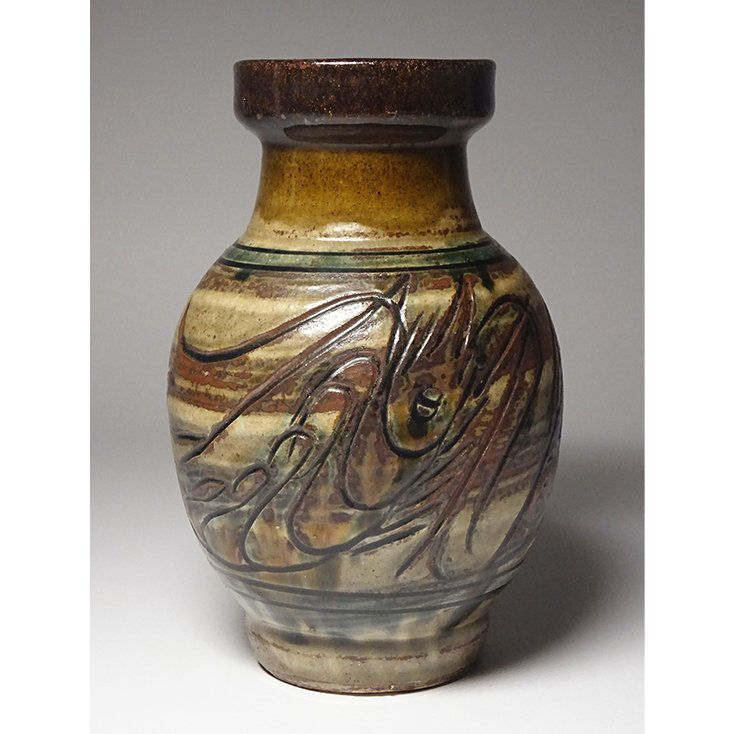 花◇民藝陶器の巨匠 人間国宝【金城次郎】作 琉球壺屋焼 海老魚 花◇民藝陶器の巨匠 人間国宝【金城次郎】作 琉球壺屋焼 海老魚