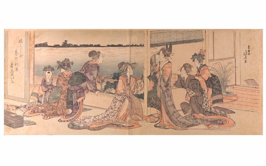 ∇花∇【葛飾北斎】作 浮世絵木版画 遊女絵「扇屋抱楼月見