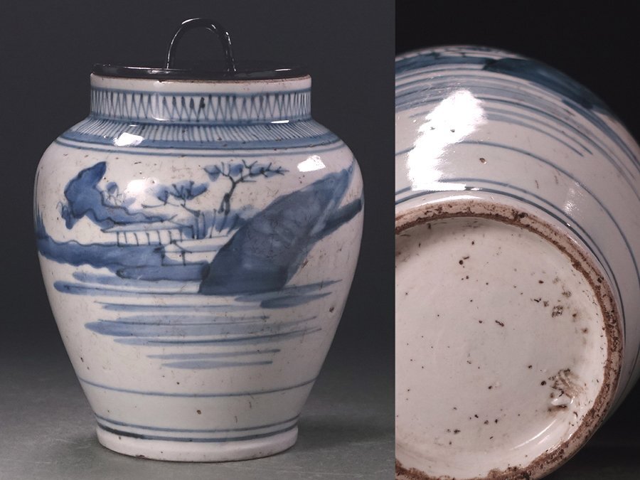 ∇花∇江戸時代中期(17世紀後半頃) 古伊万里染付楼閣山水図壷 藍 ∇花∇江戸時代中期(17世紀後半頃) 古伊万里染付楼閣山水図壷 藍