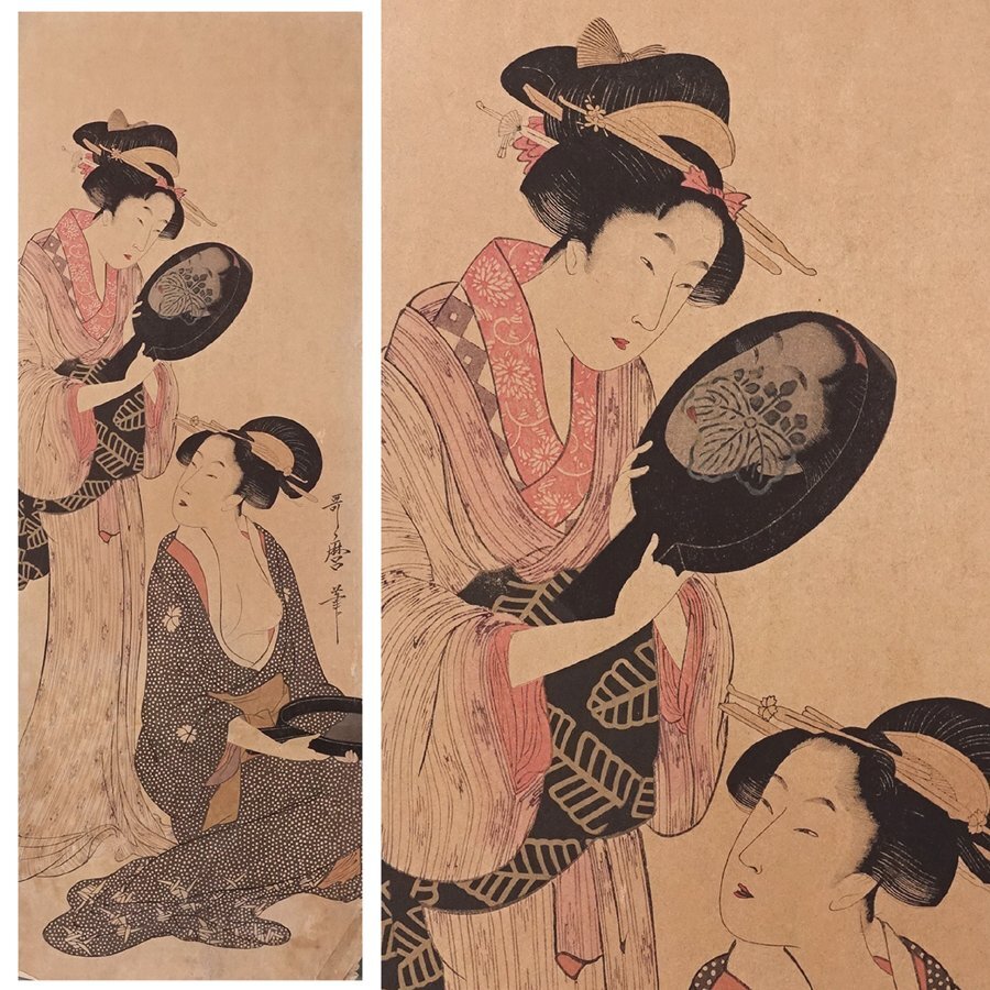 ∇花∇【喜多川歌麿】作 浮世絵木版画 大長判錦絵「鏡を持つ美人 ∇花∇【喜多川歌麿】作 浮世絵木版画 大長判錦絵「鏡を持つ美人