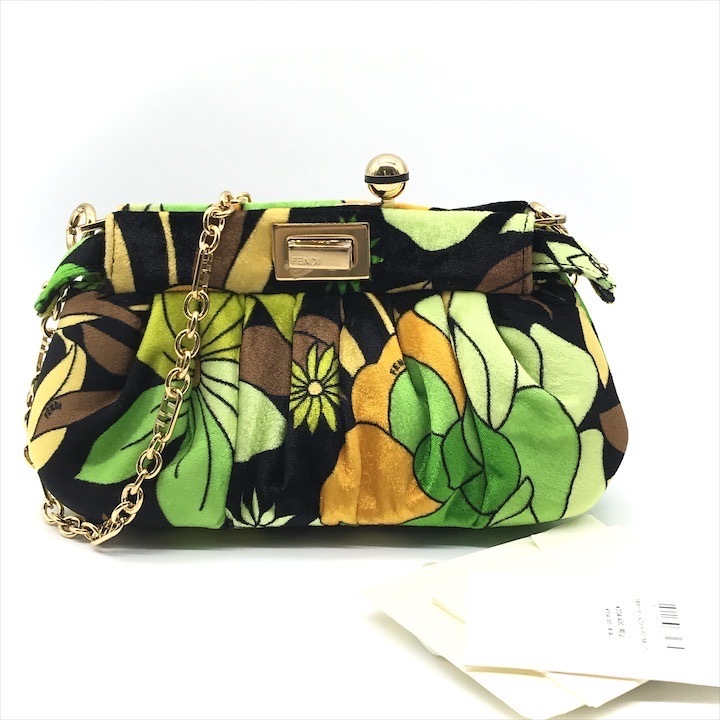 保管品 FENDI フェンディ ピーカブー クリック ベルベット 2way チェーン ショルダー バッグ グリーン h668