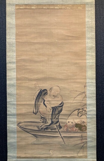 模写】狩野常信「舟漕ぎ布袋に唐子図」絹本箱付 尚信の子 木挽 模写】狩野常信「舟漕ぎ布袋に唐子図」絹本箱付 尚信の子 木挽
