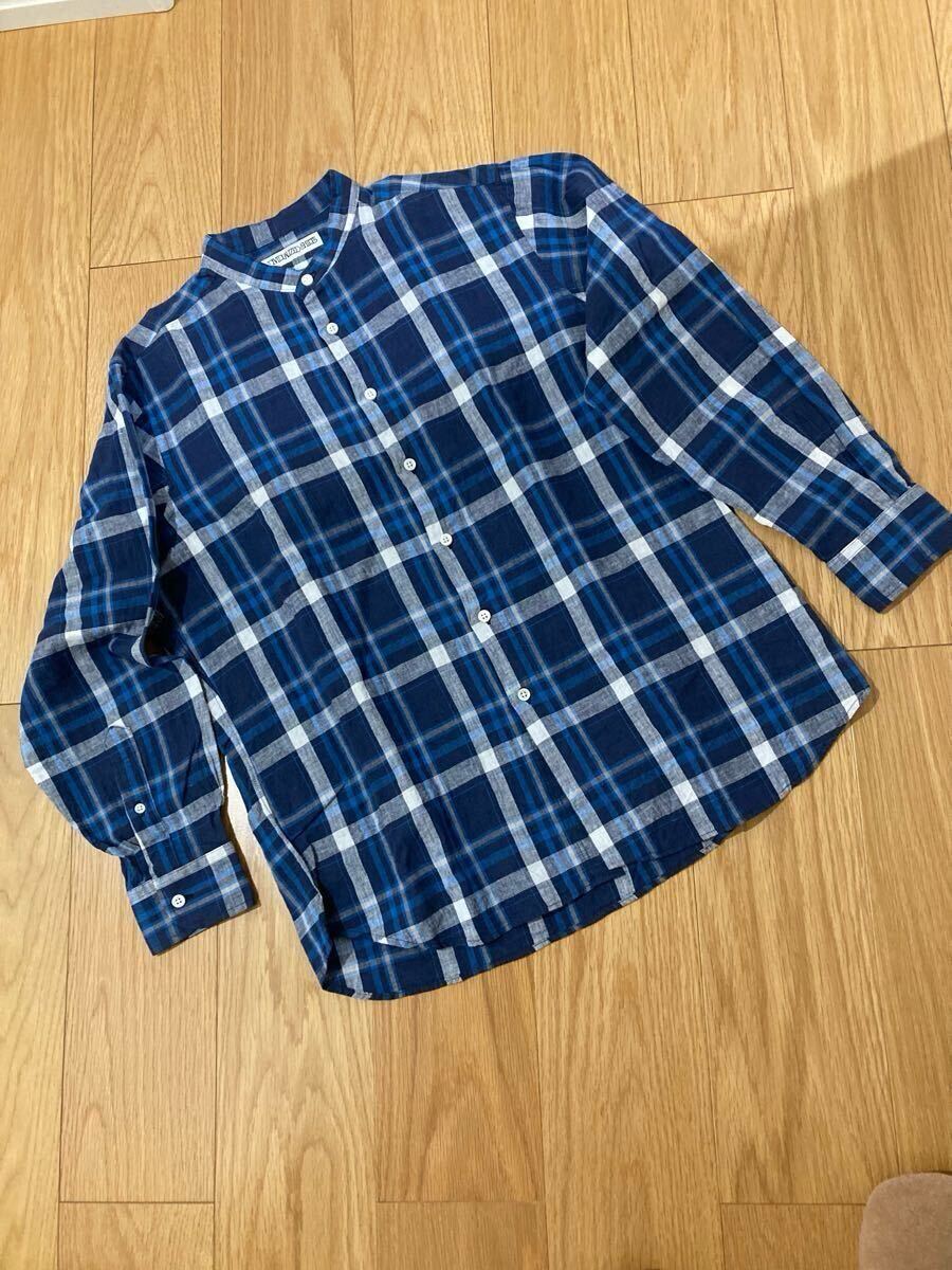 INDIVIDUALIZED SHIRTS 麻混 チェック スタンドカラー長袖シャツ 
