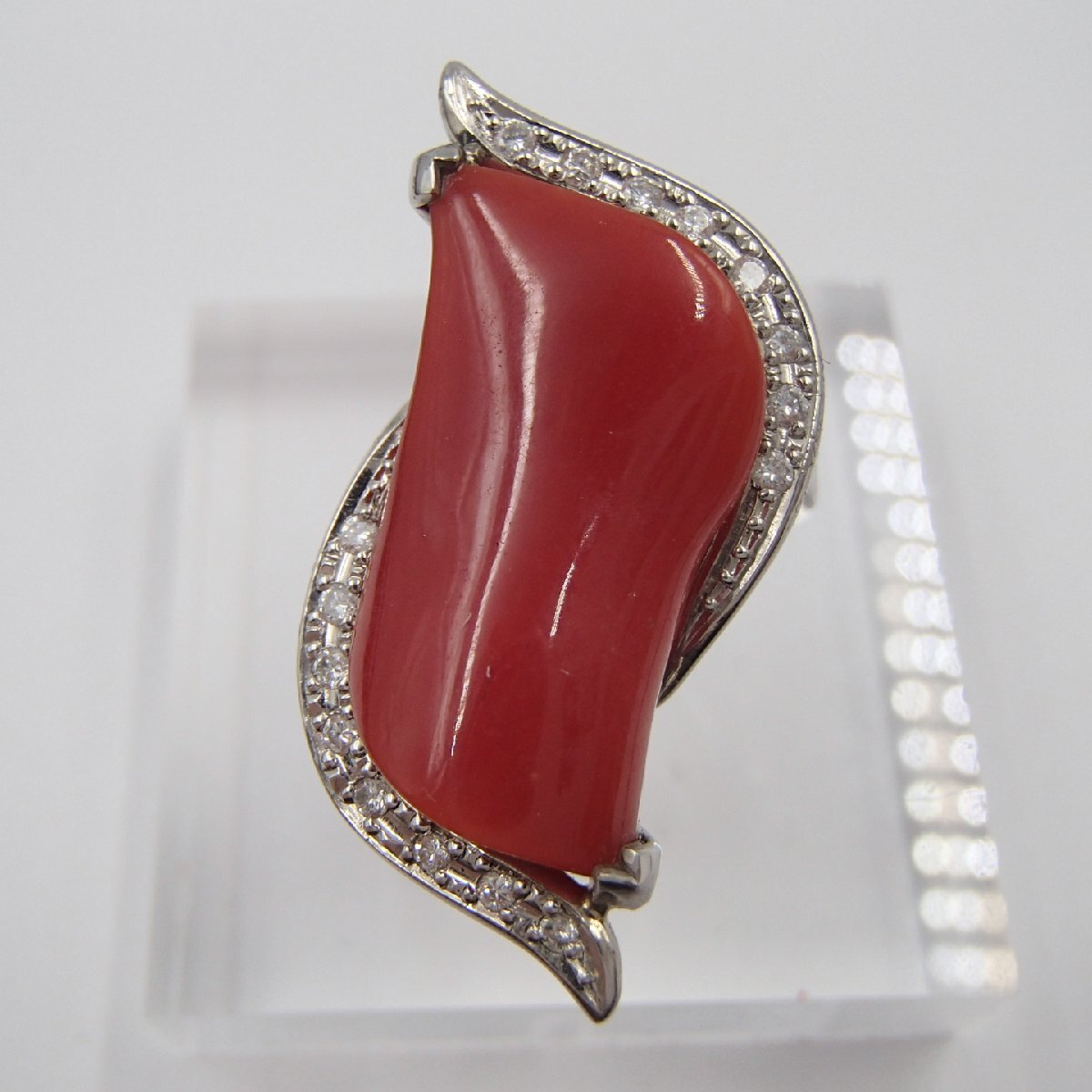 ◎赤珊瑚 ダイヤモンド リング / Pt900 D0.16ct 約14.7g / 珊瑚 ◎赤珊瑚 ダイヤモンド リング / Pt900 D0.16ct 約14.7g / 珊瑚