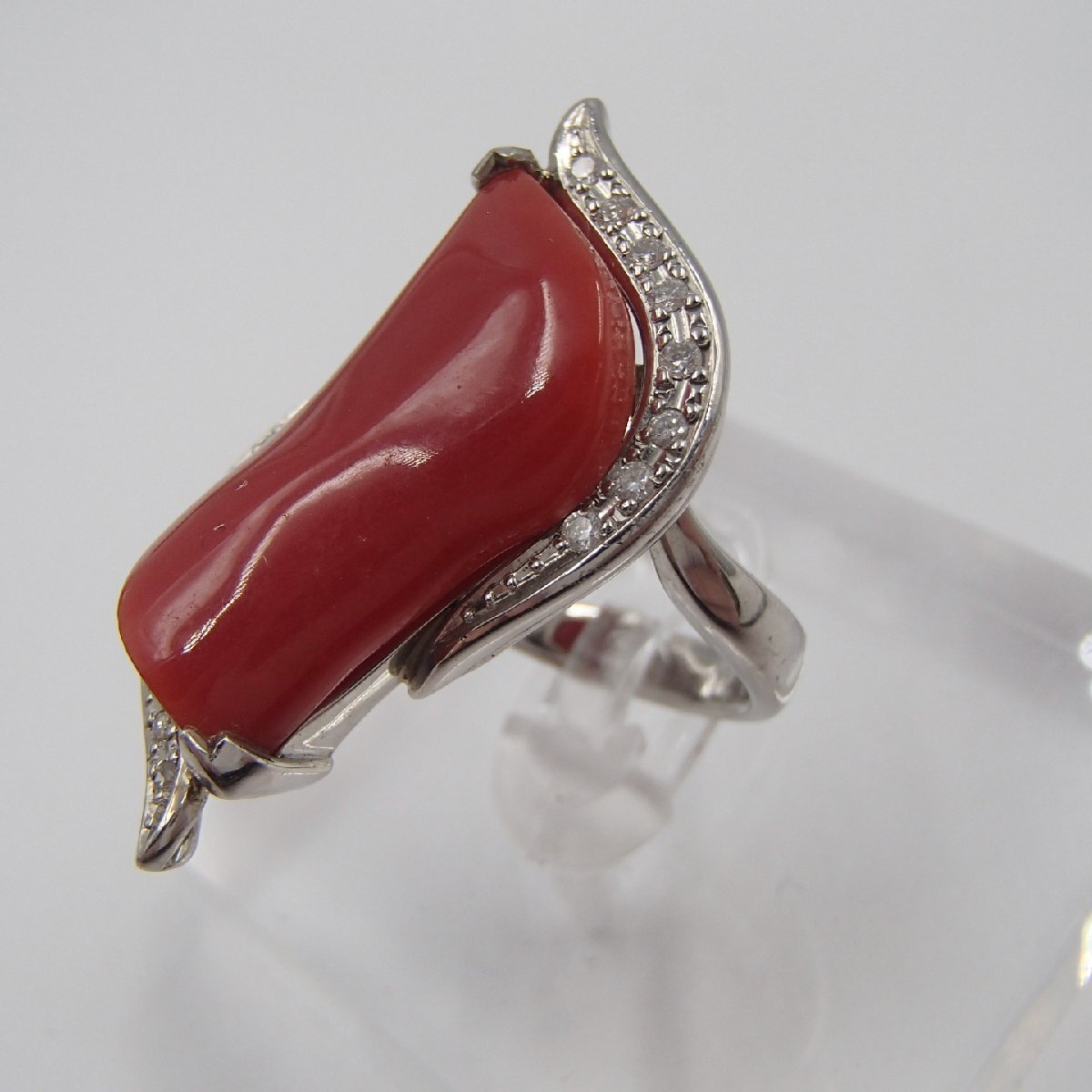 ◎赤珊瑚 ダイヤモンド リング / Pt900 D0.16ct 約14.7g / 珊瑚 ◎赤珊瑚 ダイヤモンド リング / Pt900 D0.16ct 約14.7g / 珊瑚