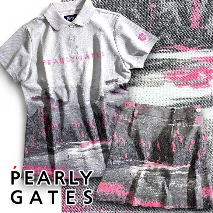 PEARLY GATES パーリーゲイツ 定価5.3萬 総柄 ストレッチ 半袖 ポロシャツ ミニスカート セットアップ ゴルフウェア 090 0 ▲060▼42031904