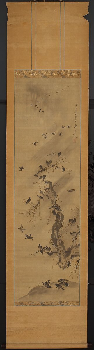 模写】委託HK◇渡辺崋山 寒鴉枯木図竪物 絹本 山本琴谷軸裏書 模写】委託HK◇渡辺崋山 寒鴉枯木図竪物 絹本 山本琴谷軸裏書