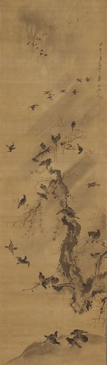 模写】委託HK◇渡辺崋山 寒鴉枯木図竪物 絹本 山本琴谷軸裏書 模写】委託HK◇渡辺崋山 寒鴉枯木図竪物 絹本 山本琴谷軸裏書