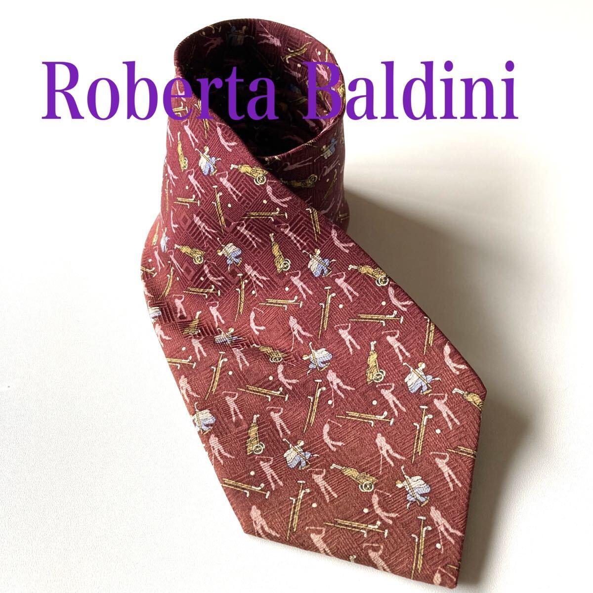 ネクタイ ロベルタバルディーニ SILK ゴルフ 総柄 えんじ色 ゴルフ好き ビジネス オシャレ 個性的 即決_画像1