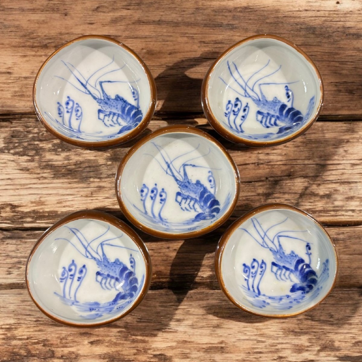 FU10】某有名骨董市買入 【5客セット】九谷焼 伊勢海老 染付 FU10】某有名骨董市買入 【5客セット】九谷焼 伊勢海老 染付
